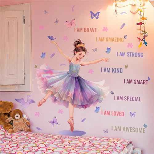 Lovely Dancing Ballet Girl Inspirational Quotes Wall Stickers, sacinora Butterfly Motivational Wall Decals Removable Vinyl Peel and Stick for Teens Girls Kids Nursery Bedroom Children¡¯s Room Art Decor