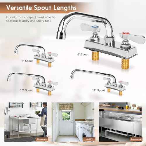 Leak-Free Commercial Bar Sink Faucet 6" Swivel Spout with Ceramic Valve, Utility Laundry Sink Faucet 4" Center Deck Mount, Brass Constructed for Large Sink in Kitchen, Laundry Room, Garage