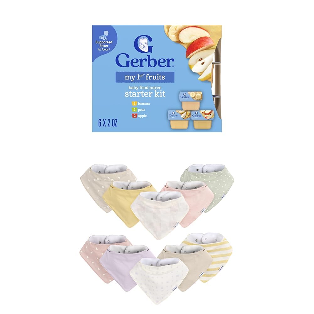 Gerber My 1st Fruits Starter Kit, Banana, Pear & Apple Puree, 2 Ounce Tubs, 2-Pack (Set of 6) with Gerber Bib Set, Pink