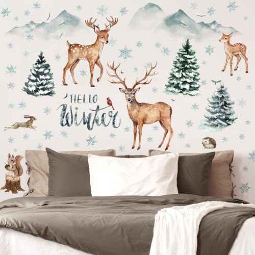 Kajaia Winter Christmas Forest Deer Wall Decals Stickers Woodland Pine Tree Animal Wall Decals Peel and Stick Snowflakes Rabbit Mountain Birds Stickers for Xmas Living Room Holiday Decor