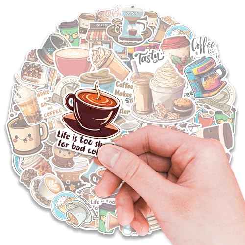 Coffee Stickers 50 Pieces Vinyl Waterproof Decal for Laptop Water Bottle Phone Car Window Bike Motorcycle Stakeboard Scrapbook Coffees Sticker Gifts for Kid Teen Adult