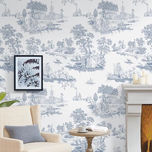 Hopepak Vintage Peel and Stick Wallpaper Blue Toile Wall Paper Self Adhesive Removable French Contact Paper Waterproof Wallpapers for Bedroom Bathroom Living Room 17.3''x118''