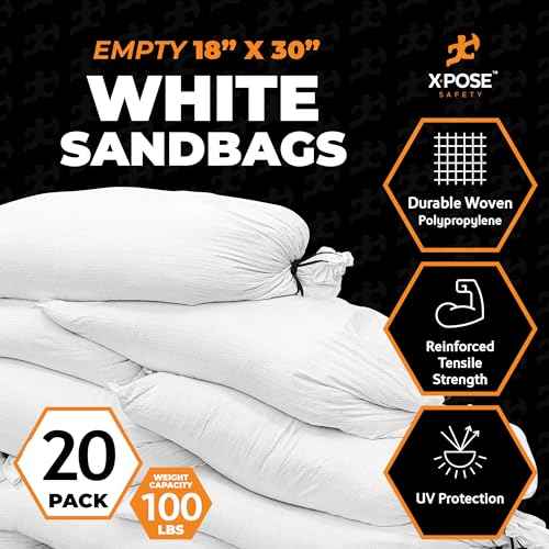 Xpose Safety Heavy Duty Sand Bags with Tie Strings ? Empty Woven Polypropylene Sandbags for Hurricane Flood Protection, 100 lb Capacity, 18" x 30", White, Pack of 20