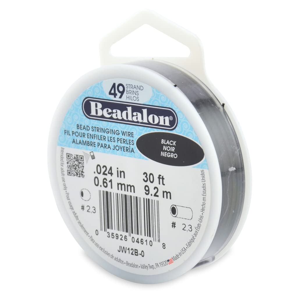 Beadalon 49 Strand Stainless Steel Bead Stringing Wire, .024 in / 0.61 mm, Black, 30 ft / 9.2 m