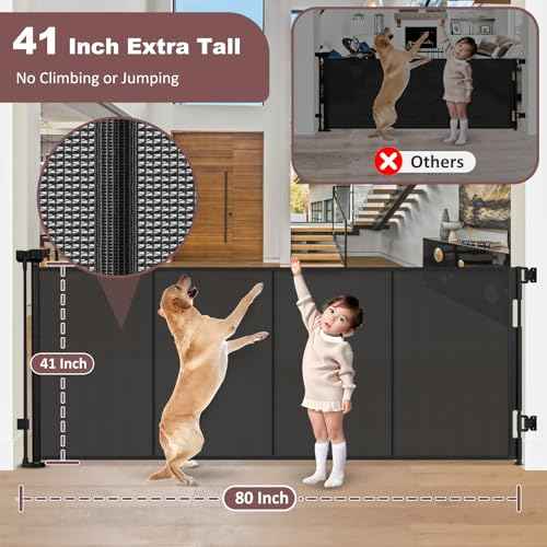 Reinforced 41 Inch Extra Tall Retractable Baby Gates 80" Wide Retractable Dog Gate with Support Rods ? Prevents Crawling Under, Indoor Long Baby Gate Retractable Gate Outdoor Extra Tall Dog Gate/Black