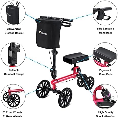 Steerable Knee Walker with Double Handbrake and Height Adjustment Handgrip for Foot Injuries Compact Crutches Alternative, Supports up to 300 lbs (Red)