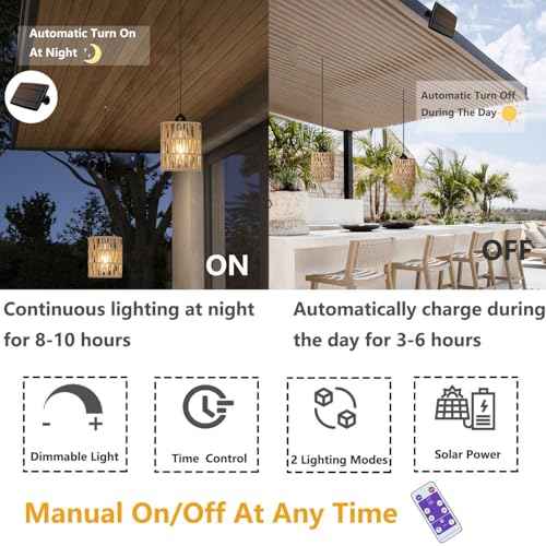 Outdoor Solar Chandelier Indoor Gazebo Lights Waterproof Pendant Hanging Light for Pergola Porch Patio Decor Boho Rattan Lampshade Farmhouse Shed USB Powered Accessories Dimmable Remote