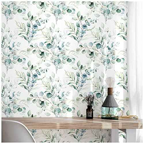 Floralplus Peel and Stick Wallpaper Boho Eucalyptus Leaf Wallpaper for Bathroom Renter Friendly Removable Wallpapers Stick On Contact Paper for Bedroom Home Decor 17.5 x118 in