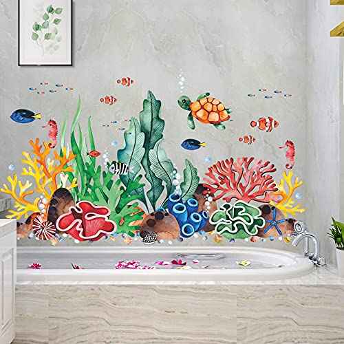 LiveGallery Coral Seaweed Wall Sticker Ocean Life Wall Decals Shell Conch Hippocampus Sea Turtle Tropical Fish Marine Plants Wall Decorations for Kids Bedroom Living Room Nursery Office