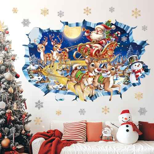 decalmile 3D Christmas Santa Claus & Reindeer Wall Decals, Multicolor, Waterproof, PVC, Perfect for Walls, Windows, Tiles, Furniture, Mirrors & Refrigerators