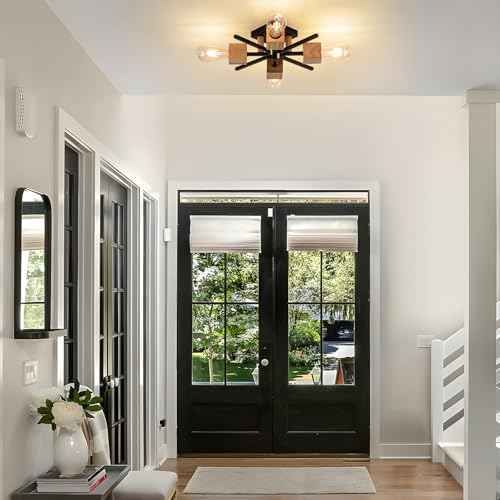 4 Light Sputnik Light Fixture Black Flush Mount Lights Industrial Ceiling Light Wood 22" Modern Farmhouse Ceiling Lights for Kitchen Bedroom Bathroom Foyer Hallway(E26)