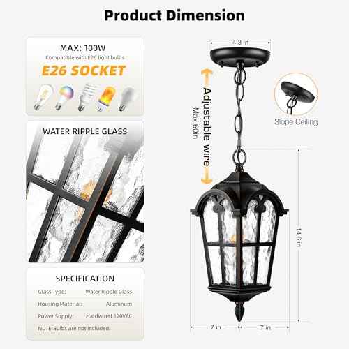 VIANIS Black Outdoor Pendant Light Lantern with Gold Trim, Outdoor Hanging Lights with Ripple Glass, Aluminum Outside Chandelier for Porch Waterproof and Anti-rust, Ceiling Fixtures for House Entryway
