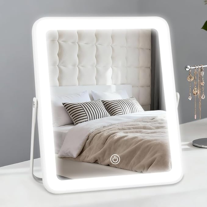 YEKKOPT Portable Desk Vanity Mirror with Lights,12"ÃÂ10" Small Rechargeable Makeup Mirror with Lights,Smart Touch Screen with 3-Color Lighting,Dimmable,for Dorm Tabletop,Bedroom,Decor