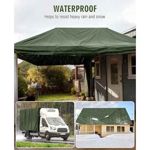 HIRALIY 20 Mil Heavy Duty Waterproof Tarp, 12x15ft Green Tarpaulin with Reinforced Webbing Loops, Multipurpose Oxford Canvas Tarp for Firewood, Roof, Camping, Pool