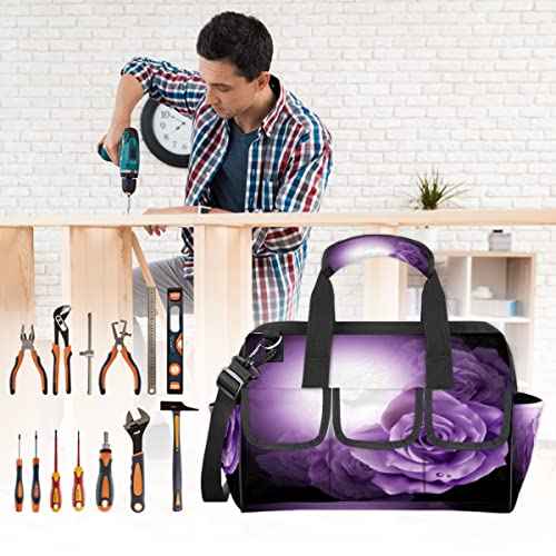 Purple Flowers Roses Tool Bag for Men Women Heavy Duty Multi-Pockets Wide Mouth Tool Tote Waterproof Tool Bag Organizer with Adjustable Shoulder Strap