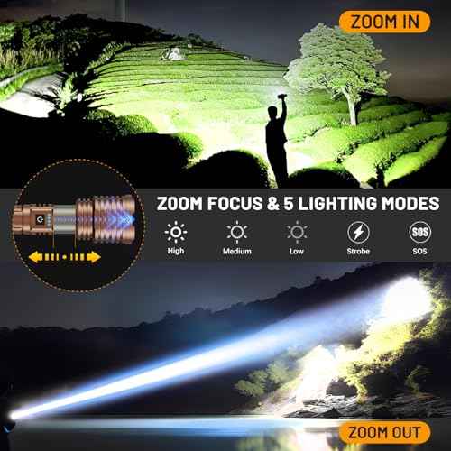 LED Flashlight High Lumens, 6000 Lumens Rechargeable Flashlight, Battery Powered Flashlight, Adjustable Powerful Flash Light with 5 Modes, Waterproof Handheld Flashlight for Home