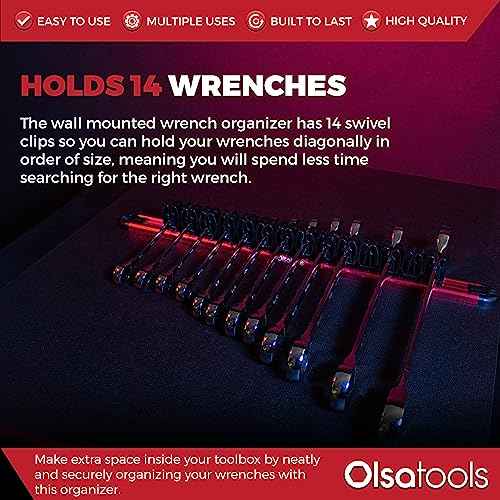 Olsa Tools Wall-Mounted Wrench Rack - Red Anodized Aluminum Rail with Black Clips - Stores 14 SAE or Metric Wrenches Securely - Professional Organizer - Part: 1028
