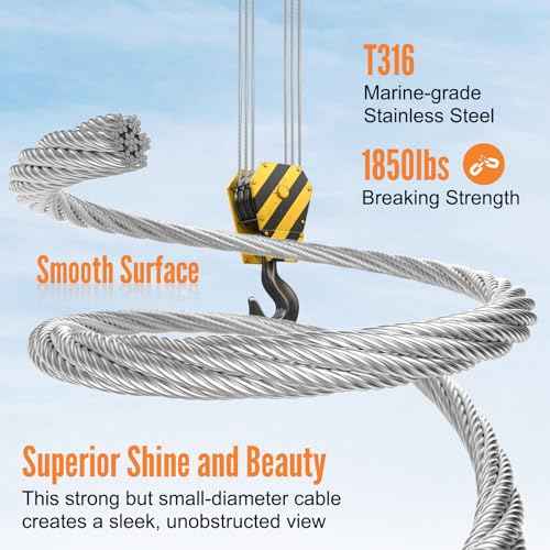 BLIKA 500FT 1/8" Stainless Steel Cable with Cutter, T316 Marine Grade, Stainless Steel Wire Rope 7x7 Strand Construction, 1850lbs Breaking Strength Aircraft Cable for Deck Cable Railing, Silver