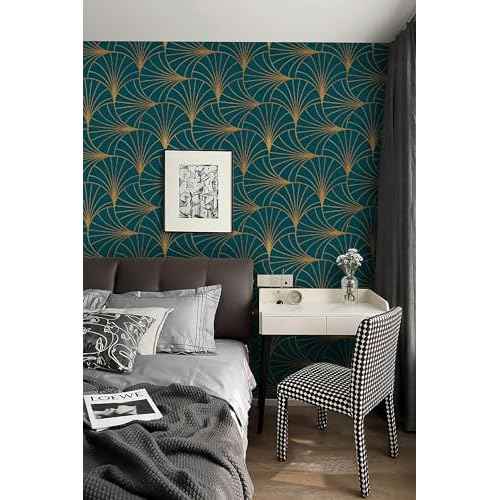 Safiyya 118"x17.3" Wallpaper Gold and Teal Blue Peel and Stick Wallpaper Geometric Stripe Contact Paper Self Adhesive Removable Wallpaper Modern Boho Contact Paper for Walls Covering Vinyl Rolls