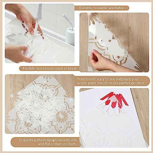 Zonon 4 Pieces Reusable Tile Stencil Floor 12 x 12 Inches Wall Templates Tile Pattern Stencil Drawing Templates for DIY Scrapbooks Wall Floor Fabric Decors(Trendy Style)