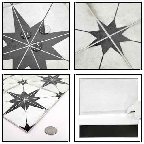 The Tiles Plaza Peel and Stick Encaustic Backsplash, Black Star Patterned Stick on Tile, Self-Adhesive Wall Tile Sticker for Kitchen Bathroom Fireplace Stairs, 10 Sheets