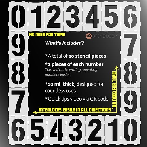 Stencilogy¢ç Interlocking Number Stencil Set ? 20 Reusable Pieces for Numbers 0?9 ? Durable 10 Mil Plastic ? for Wood, Walls, Signs, Crafts (4 Inches)