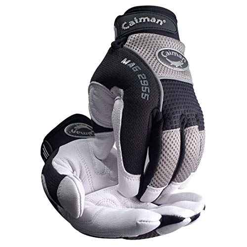Caiman MAG (Multi-Activity Glove), Padded Goat Grain Leather Palm, AirMesh Back, Reflective Neoprene Knuckles, White/Black, Medium (2955-4)