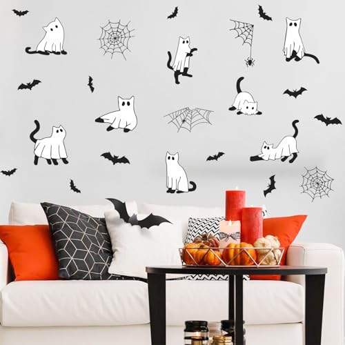 IARTTOP Happy Halloween Window Clings Sticker (100x30cm) Ghost Boo Wall Decals Spider Web Bat Window Stickers Halloween Black Cats Double Sided Decals for Glass Party Home Decoration
