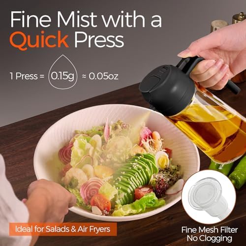 YARRAMATE 16oz/470ml Glass Olive Oil Sprayer for Cooking with Stickers, 2 in 1 Oil Dispenser for Kitchen Gadgets, Food Grade Premium Spray Bottle with Portion Control for Salad, Frying, BBQ (Black)