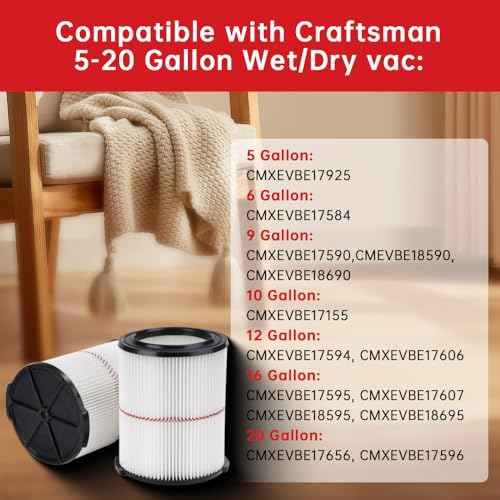 Replacement Filter for Craftsman 9-38754 CMXZVBE38754 Red Stripe General Purpose Wet Dry Vac, Compatible with Craftsman 5/6/8/9/12/14/16/20 Gallon Vacuum, 2 Pack