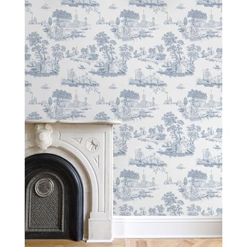 Hopepak Vintage Peel and Stick Wallpaper Blue Toile Wall Paper Self Adhesive Removable French Contact Paper Waterproof Wallpapers for Bedroom Bathroom Living Room 17.3''x118''