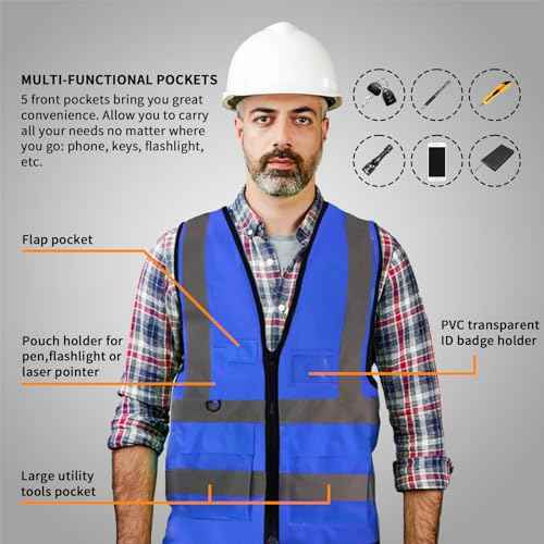 Safety Vests,Hi Vis Vest Reflective Vest with 5 Pockets and Zipper for Men Women, Neon Working Vest for Outdoor One Size