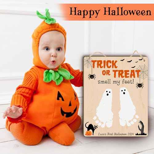 Baby's First Halloween Footprint DIY Wooden Hanging Sign, Baby's 1st Halloween Art Craft Gifts, My First Holiday Milestone Signs, Trick or Treat Smell My Feet Halloween Decor Sign (Nature)