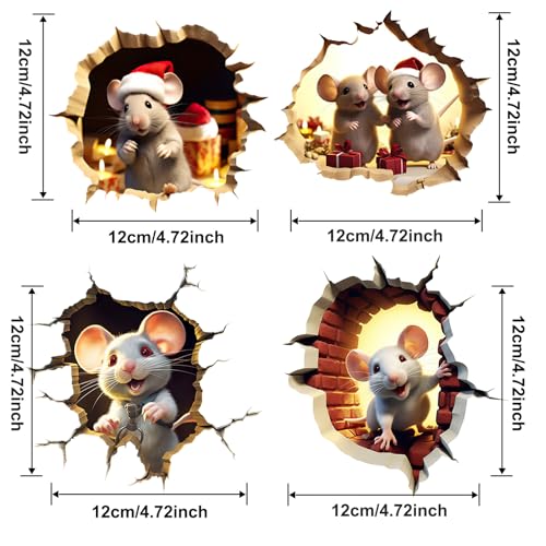 4 Pcs 3D Christmas Mouse Hole Wall Decal Glow in The Dark, Cute?Luminous Christmas Wall Decals, Peel and Stick Cracked Mouse Wall Stickers Fun Decal for Living Room, Bedroom, Bathroom (Style 2)