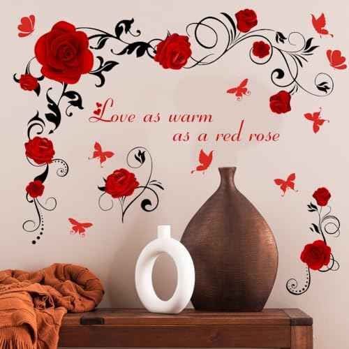 PLIGREAT Rose Flower Vine Butterfly Love Quotes Wall Stickers, Valentine Wall Decal Removable Vinyl Peel and Stick Walls Decals for Bedroom Dining Living Room Home Decorations DIY Walls Art Decor