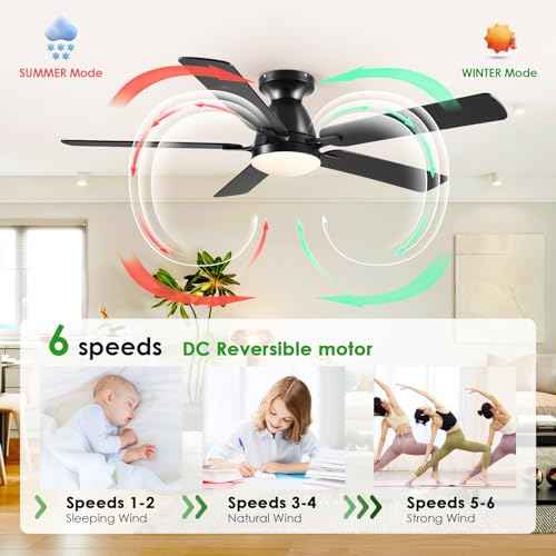 Ceiling Fans with Lights, 56" Flush Mount Ceiling Fan with Light and Remote/APP Control, Low Profile, Modern Ceiling Fan Reversible, Dimmable, Noiseless, Black for Bedroom
