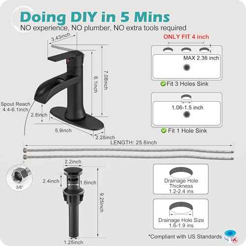 Matte Black Waterfall Bathroom Faucets, 1 Hole or 3 Hole (4 Inch) Bathroom Sink Faucet with Drain, Deck Plate, 1 Handle for Vanity, Restroom, RV, Modern, Brass Material