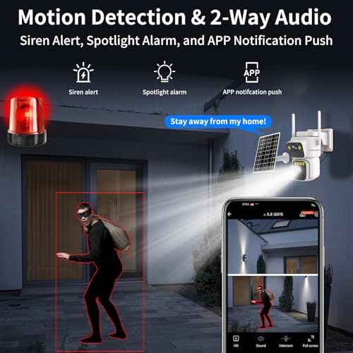 Solar Security Cameras Outdoor Wireless,2.4G/5G WiFi Cameras for Home Security, Dual Lens PTZ Motion Zone,2-Way Audio,Night Vision,Weatherproof,SD/Cloud Storage