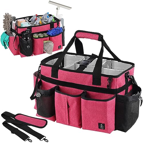 Large Cleaning Caddy Bag Built-in Sturdy Support Board, Cleaning Organizer with Detachable Divider, Cleaning Supply Tote with Adjustable Shoulder Strap&Waist belt for Cleaners & Housekeeper