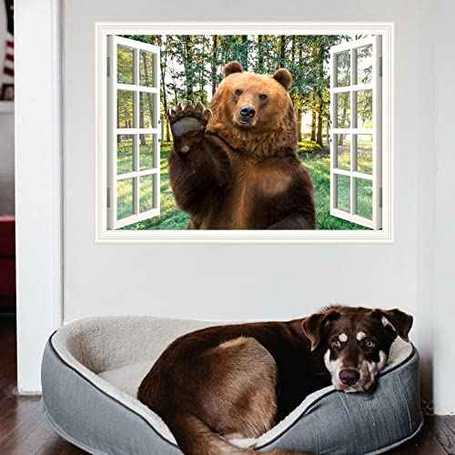 Bear Wall Sticker Decal Peel and Stick Brown Bear Window View Wall Mural Sticker for Bedroom Living Room Kids Boys Room Dorm Decor