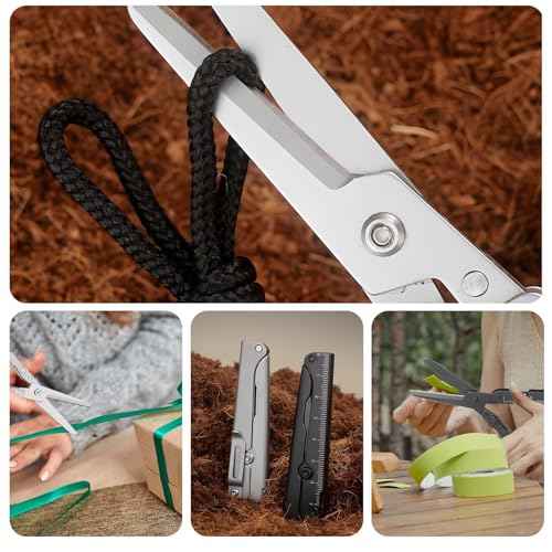 Compact 2-in-1 Foldable Scissors with Measuring Ruler - Stainless Steel, Lightweight, Portable for EDC, Camping, Survival, and Outdoors (Silver)