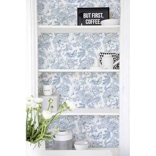 Safiyya Floral Peel and Stick Wallpaper Blue and White Contact Paper Boho Wallpaper for Bedroom Peony Wall Paper for Bathroom Removable Self Adhesive Vinyl Rolls 17.3''¡¿78.7''