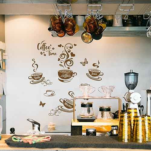 SUPERDANT Brown Coffee Time Wall Stickers Coffee Cup Beans Wall Decor Stickers with Butterflies for Cafe Bar Restaurant Kitchen Decor Wallpaper Sticker Vinyl Transfer Decals 19x11in