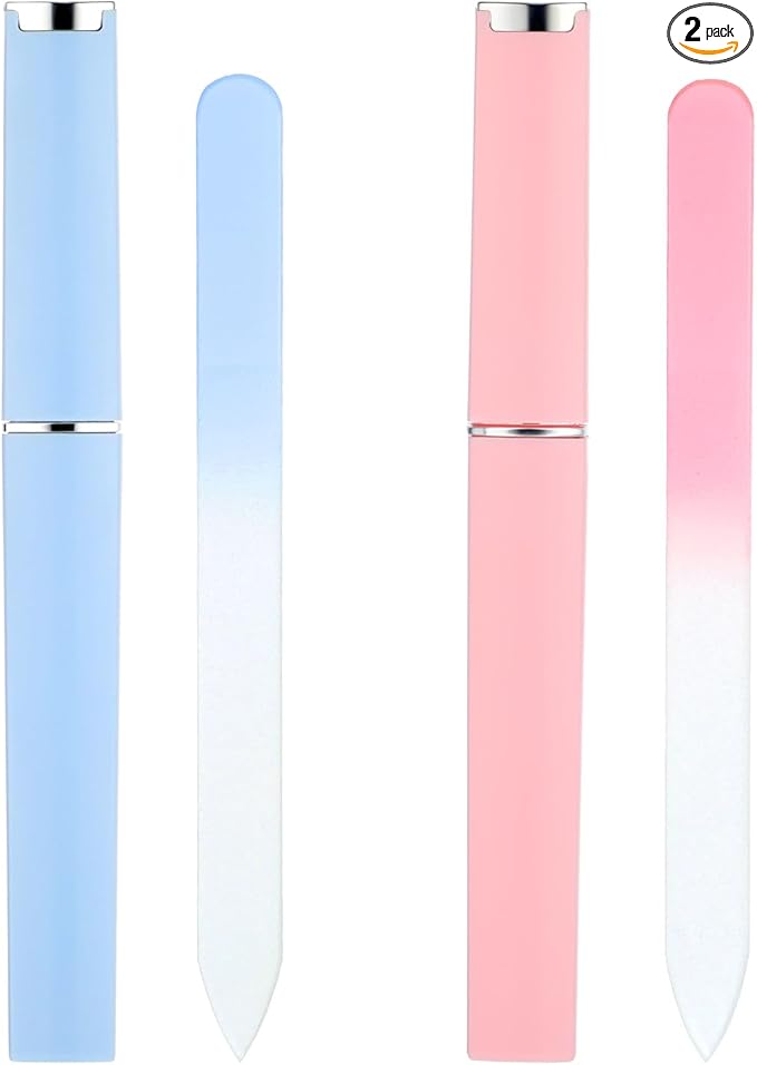 2 Pack Glass Nail Files for Natural Nails, Crystal Nail File with Case, Double Sided Glass Files for Nails (Pink+Blue)