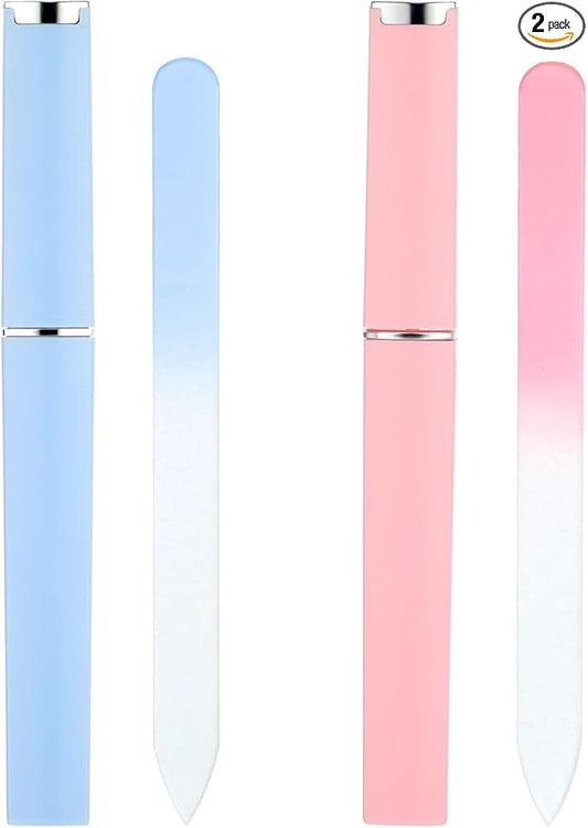 2 Pack Glass Nail Files for Natural Nails, Crystal Nail File with Case, Double Sided Glass Files for Nails (Pink+Blue)