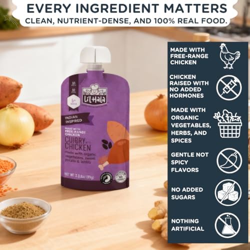 Li'l Hala Chicken Baby Food Meat Pouch | Indian Curry (12 ct) | 6+ Months Savory Baby Food Pouches with Protein and Organic Veggies, Toddler Snacks with Iron & Fiber | Stage 2 Meat Puree