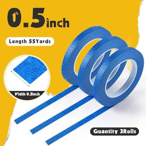 Chuangdi 3 Rolls 55 Yards Painter's Drafting Tape Multi Use Masking Scrapbooking Tape (12 mm,Blue)