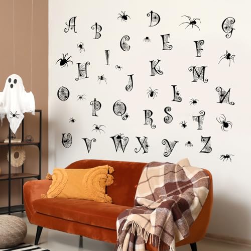 Black Alphabet Spider Web Wall Sticker Halloween Spider Wall Decals Peel and Stick Alphabet Letters for Wall Halloween Decoration for School Home Office Party Supplies Decor