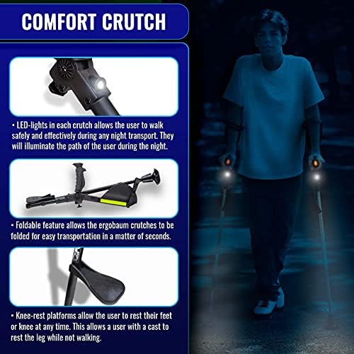 Ergobaum 7G by Ergoactives. 1 Pair (2 Units) of Ergonomic Forearm Crutches - Adult 5' - 6'6'' Adjustable, Foldable, Ergonomic, Shock Absorber, Non-Slip, Knee-Rest Platforms, LED Lights (Blue)