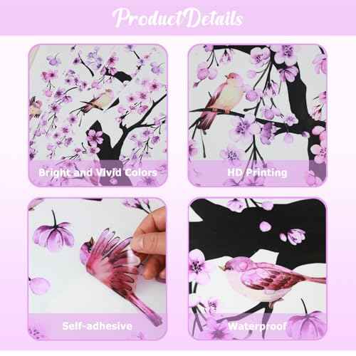 Lilac Wall Decoration Large Cherry Blossom Tree Wall Stickers,4 Sheets Spring Purple Flower Bird Wall Decals Peel and Stick Wall Murals Decor for Living Room Bedroom (Purple, 11.8 * 35.4inch)